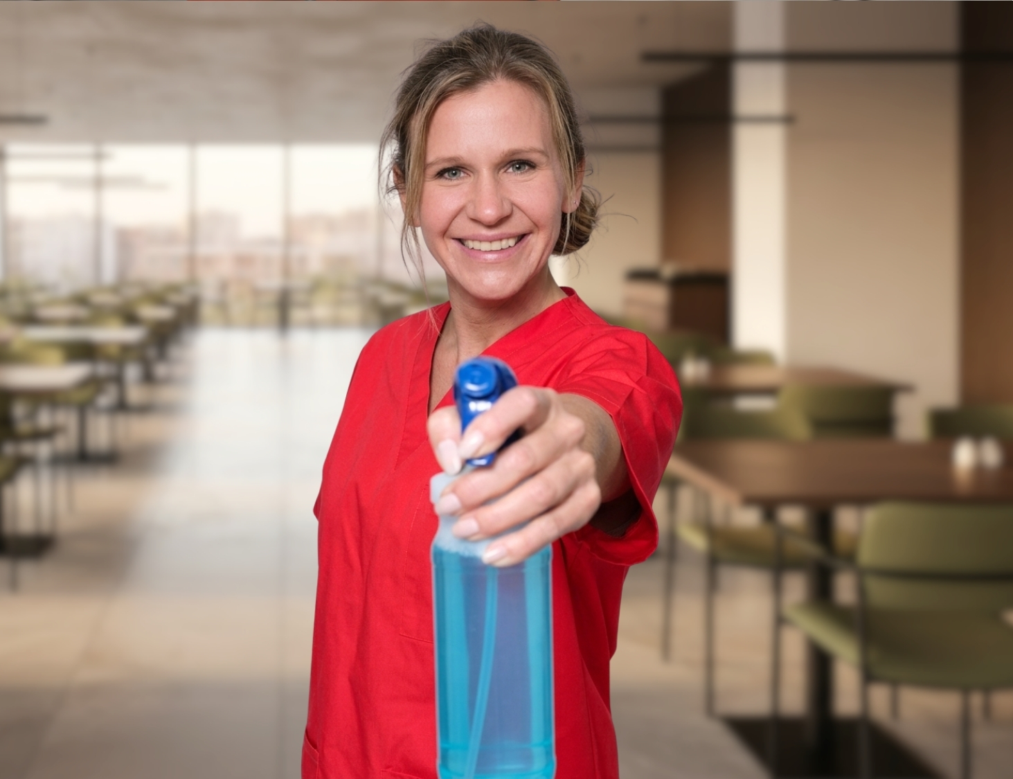 Reinigungskraft von CityCleaner mit Sprühflasche in der Hand bei der Gastronomiereinigung in Gelsenkirchen