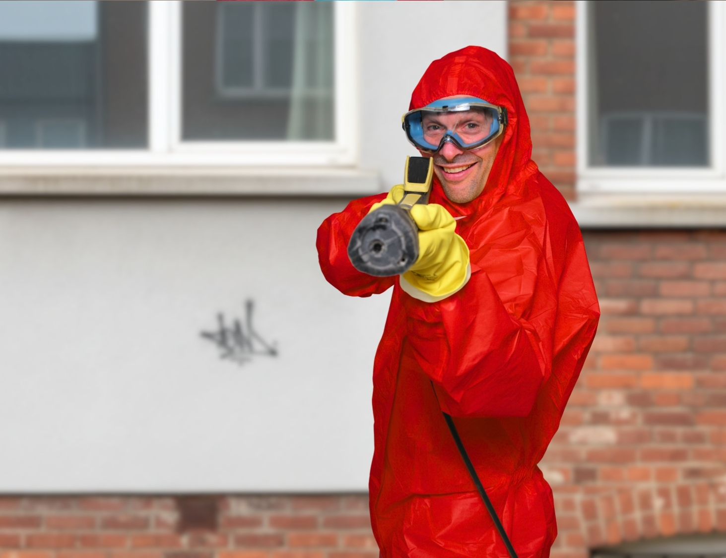 Mitarbeiter von CityCleaner bei der Graffitientfernung in Gelsenkirchen mit einem Hochdruckreiniger in der Hand